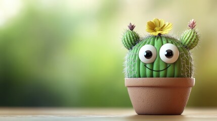 A smiling cartoon cactus with big eyes and tiny flowers on top, set against a light background. Ideal for adding a cheerful message.