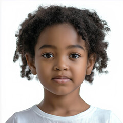 Little girl close-up, African-American appearance, on a white background, portrait, model photography, minimalism. medium plan. Advertising banner.