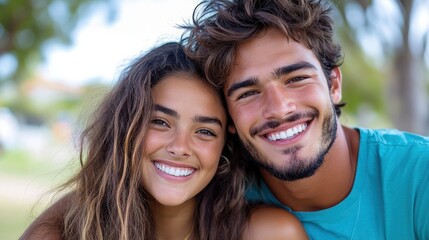 Fototapeta premium A young couple is smiling warmly in an outdoor setting with lush green surroundings, showing their affection and happiness as they stand closely together, enjoying a beautiful day.