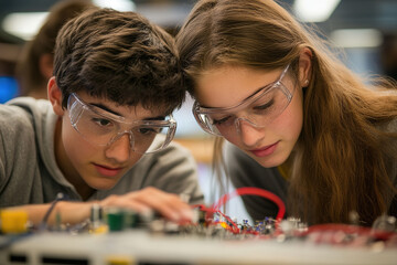Fototapeta premium Science class scene with teenagers wearing safety glasses, collaborating on an electronic device and examining its internal parts with intense focus. Realistic and detailed artistic rendering.