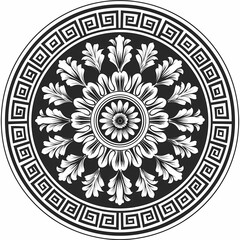 Vector round floral monochrome classic ornament. Greek meander. Patterns of Greece and ancient Rome. European border in a circle.