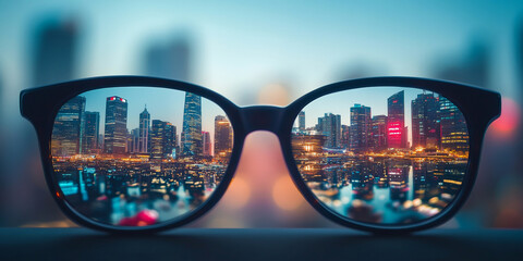 A pair of glasses reflecting a vibrant cityscape, showcasing buildings and skyline in the background
