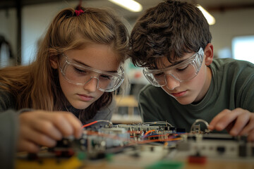 Fototapeta premium In a science lab, a teenage girl and boy in safety glasses work on an electronic device, exploring its inner mechanisms with concentrated focus. Realistic, detailed artwork style.