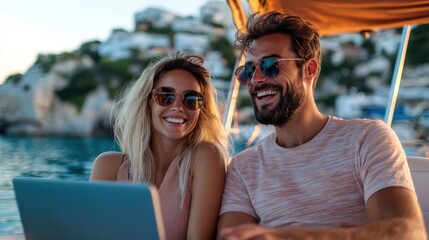 Obraz premium A cheerful couple wearing sunglasses enjoy a sunny day on a boat while using laptops. The scenic coastal background adds to their joyful and relaxed atmosphere.
