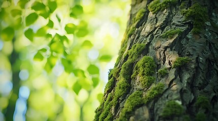 Obraz premium Background of Moss-Covered Tree Trunk with Deep Textures and Soft Bokeh