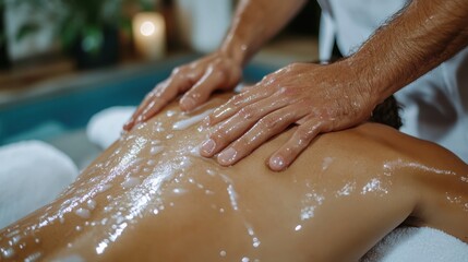 Fototapeta premium A person is lying prone on a massage table, receiving an oil massage performed by a therapist, highlighting relaxation and therapeutic benefits in a peaceful spa environment.