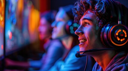 Obraz premium Gamer with Headset Looking Up at Monitor