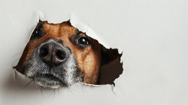 dog nose poking out of torn white paper background with free space on the right side for inserting text