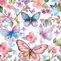 Floral Butterfly Fantasy: Watercolor Illustration of Blooms and Butterflies on Seamless Design for Summer Walls and Cards