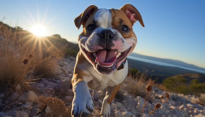 Cute bulldog enjoys nature, playful and cheerful in the sun generated by AI