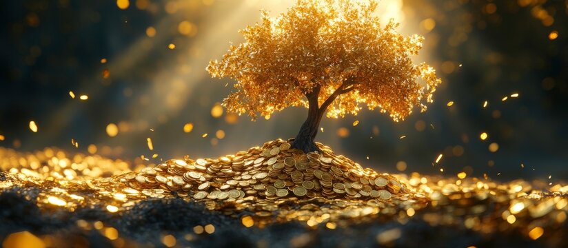 A golden tree surrounded by coins, symbolizing wealth and prosperity.