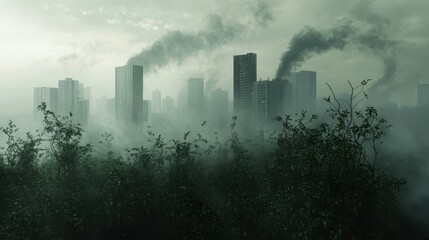 Visual representation of pollution's impact on urban greenery, with smoggy skies and wilting plants