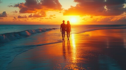 A couple embraces on a quiet beach at sunset, the soft waves gently lapping at their feet, illustrating the peacefulness, connection, and balance that comes from shared moments in nature beauty, Copy