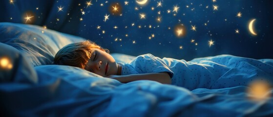 Dreamy bedroom atmosphere with a child peacefully asleep under a canopy of stars and gentle moonbeams