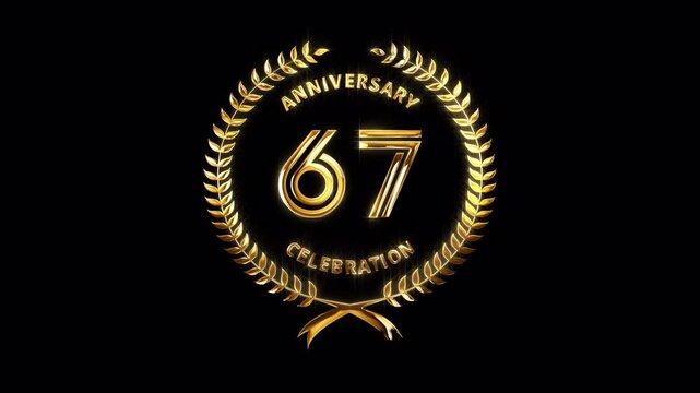67th Anniversary Celebration. Happy 67 Years Anniversary Animation in Gold Color on the Transparent Background, Alpha Channel. Great for greetings, celebrations, events, and gifts.