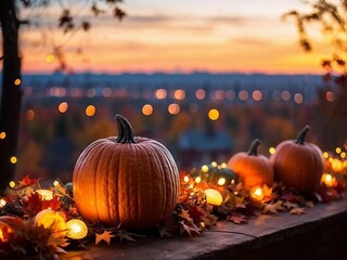 Pumpkins on an Autumn Sunset Background with Bokeh Lights
