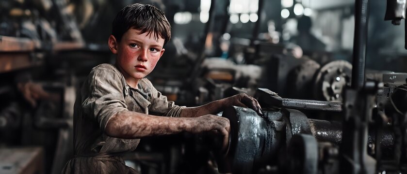 Desperate and exhausted young boy working tirelessly on machinery in a gritty 20th century industrial factory setting documenting the harsh realities of child labor exploitation