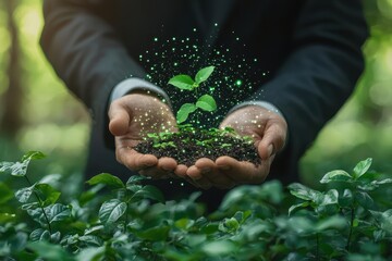 Business professional highlighting ESG 2025 on a digital platform, emphasizing sustainable development, green business initiatives, and environmental management strategies