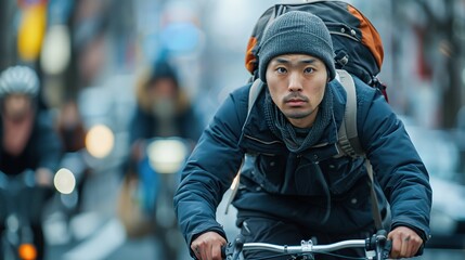 Fototapeta premium Man Riding Bicycle Through City