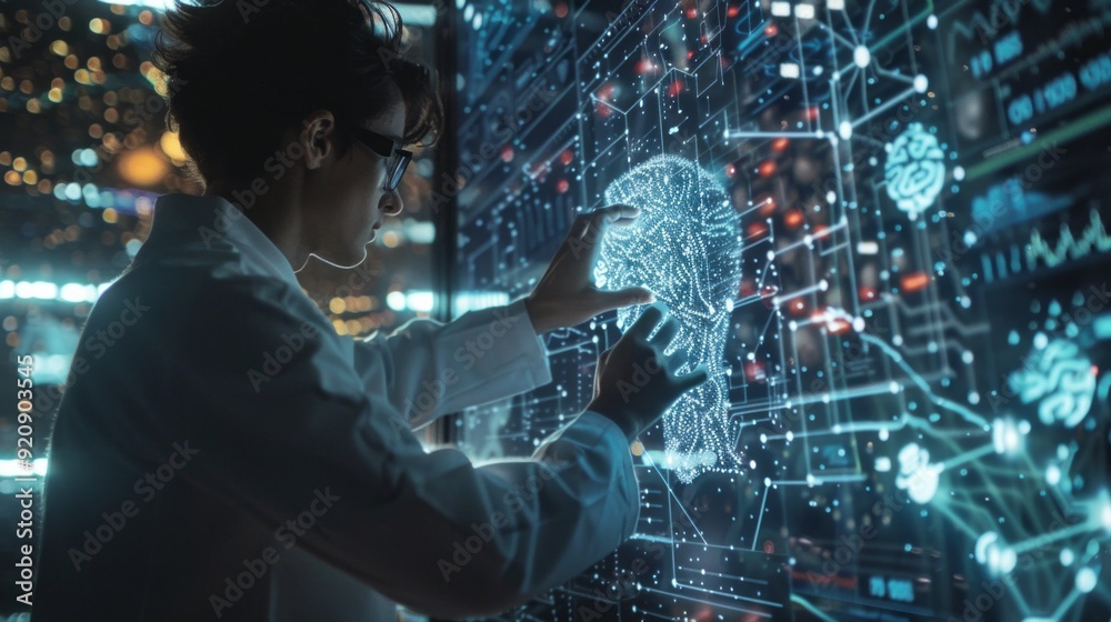Poster A man in a lab coat is pointing at a computer screen with a brain on it