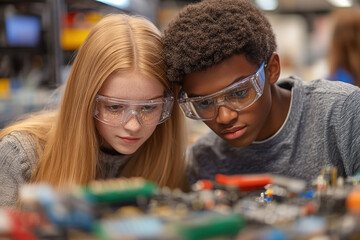 Fototapeta premium A teenage girl and boy in a science classroom, wearing safety glasses, intensely collaborating on an electronic device, analyzing its inner workings. Realistic art style with detailed focus. 