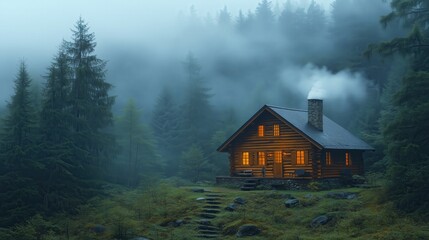 Fototapeta premium A secluded cabin nestled in a misty forest, with smoke gently rising from the chimney, symbolizing the peace, wholeness, and transformation that come from retreating into nature embrace for renewal,