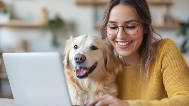 A joyful woman wearing glasses and a yellow sweater is sitting at her home workspace with her golden retriever dog, both happily looking at the laptop screen. - Powered by Adobe
