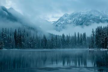 Fototapeta premium Mountains landscape in Scandinavia winter season with snow and cinematic colors and blue sky.