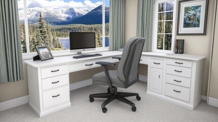 Fototapeta premium A modern home office features a clean white desk, computer, and chair, creating an inviting workspace in a cozy living room atmosphere