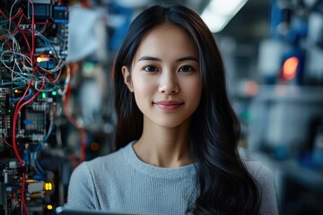 A young female engineer smiles while standing in front of complex electrical machinery, indicating her competence and satisfaction with her work environment and achievements.