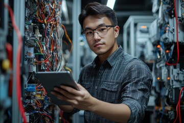 A male engineer with glasses holds a tablet and looks intently at wiring in an industrial setting, demonstrating his meticulous attention to detail and technical proficiency.