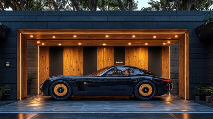 A sleek black sports car reflecting lights in a modern garage, embodying luxury and high...