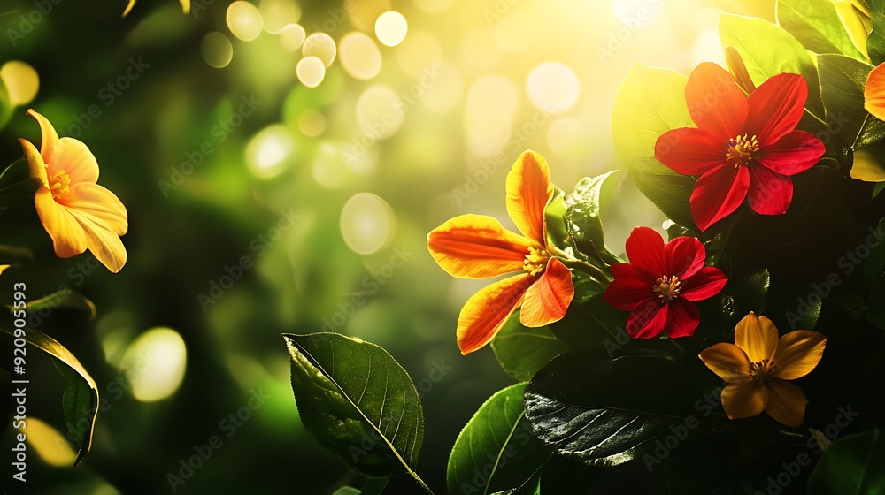 Aufkleber background with blooming flowers in vibrant colors and soft bokeh