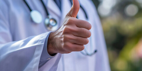 A healthcare professional with a cheerful expression, confidently giving a thumbs up to promote a...