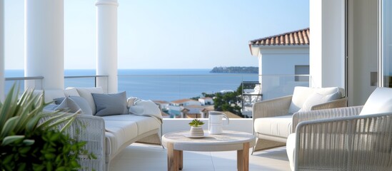 Obraz premium outdoor terrace with wicker furniture overlooking the sea, featuring white and beige colors