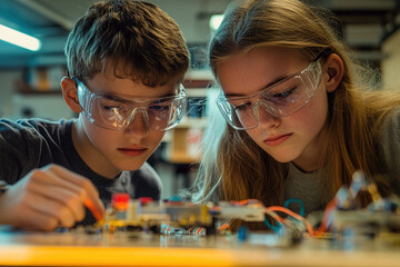 Fototapeta premium Young teens in a science lab, wearing safety glasses, working on an electronic device with intense concentration, examining its internal workings. Realistic portrayal with detailed art.
