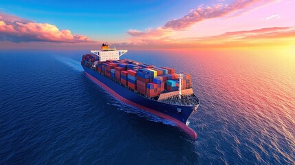 A vibrant cargo ship navigates through calm waters at sunset, showcasing colorful containers against a stunning sky.