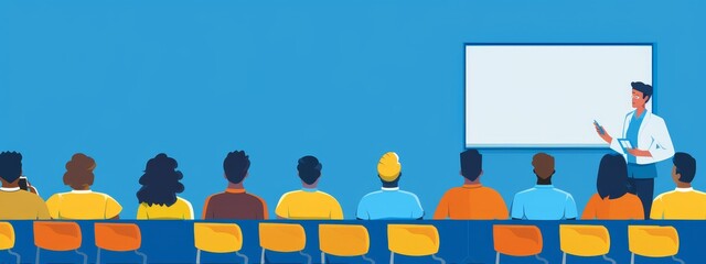  A man delivering a presentation to an audience, surrounded by a projector screen and a blue wall behind him