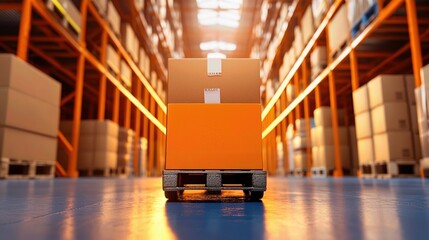 A close-up view of a pallet with an orange box in a well-organized warehouse, showcasing logistics and storage efficiency.