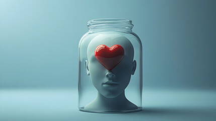 A minimalistic head with a tiny, pulsing heart trapped inside a jar, representing the delicate nature of emotional stability.



