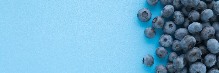 Fresh blueberries on light blue table background. Pastel color. Closeup. Wide banner. Empty place for text. Top down view.