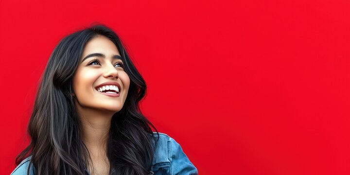 Une jeune femme mexicaine  &acirc;g&eacute;e de 25 ans, brune aux cheveux longs, souriante sur un fond isol&eacute; rouge, image avec espace pour texte.