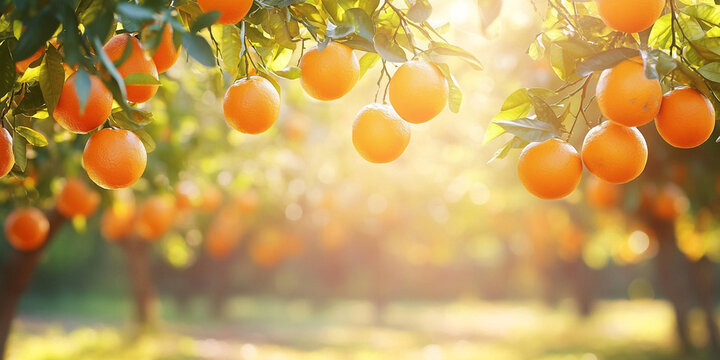 A sunlit orange tree laden with ripe oranges, showcasing vibrant colors and lush green leaves in a bright atmosphere