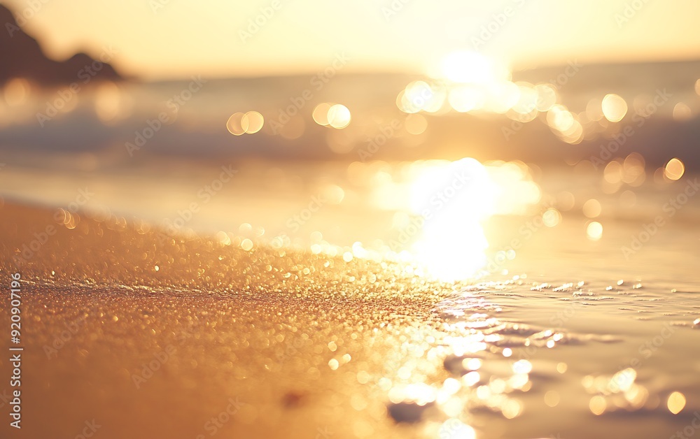 Poster background of serene beach at sunset with soft golden sand and bokeh waves