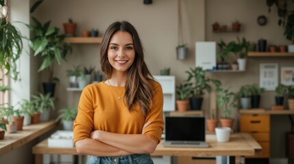 Cheerful woman standing with folded arms in a comfortable, plant-filled office
