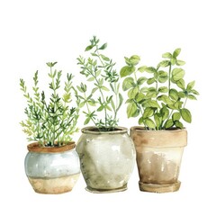 Fototapeta premium Hand Drawn Watercolor Herbs in Kitchen, Fresh and Organic Cooking Ingredients
