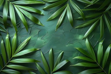 Fototapeta premium Tropical Green Palm Leaves on Textured Green Background - Nature, Botanical, and Decorative Design for Print, Card, Poster