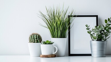 Three potted plants, a cactus, a succulent, and a leafy plant, sit in front of a blank black framed picture on a white table.