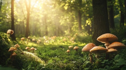 Captivating forest scene with a variety of mushrooms and soft sunlight filtering through trees, leaving a clear space for text.