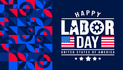 USA Happy Labor Day celebration geometric shape pattern background or banner design template. Labour day Safety hard hat and Construction tools background. use to card, poster, placard, card template.